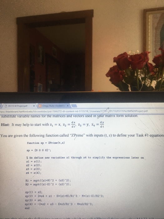 create a MATLAB program (that calls "ZPrime") to solve for the spacecraft's