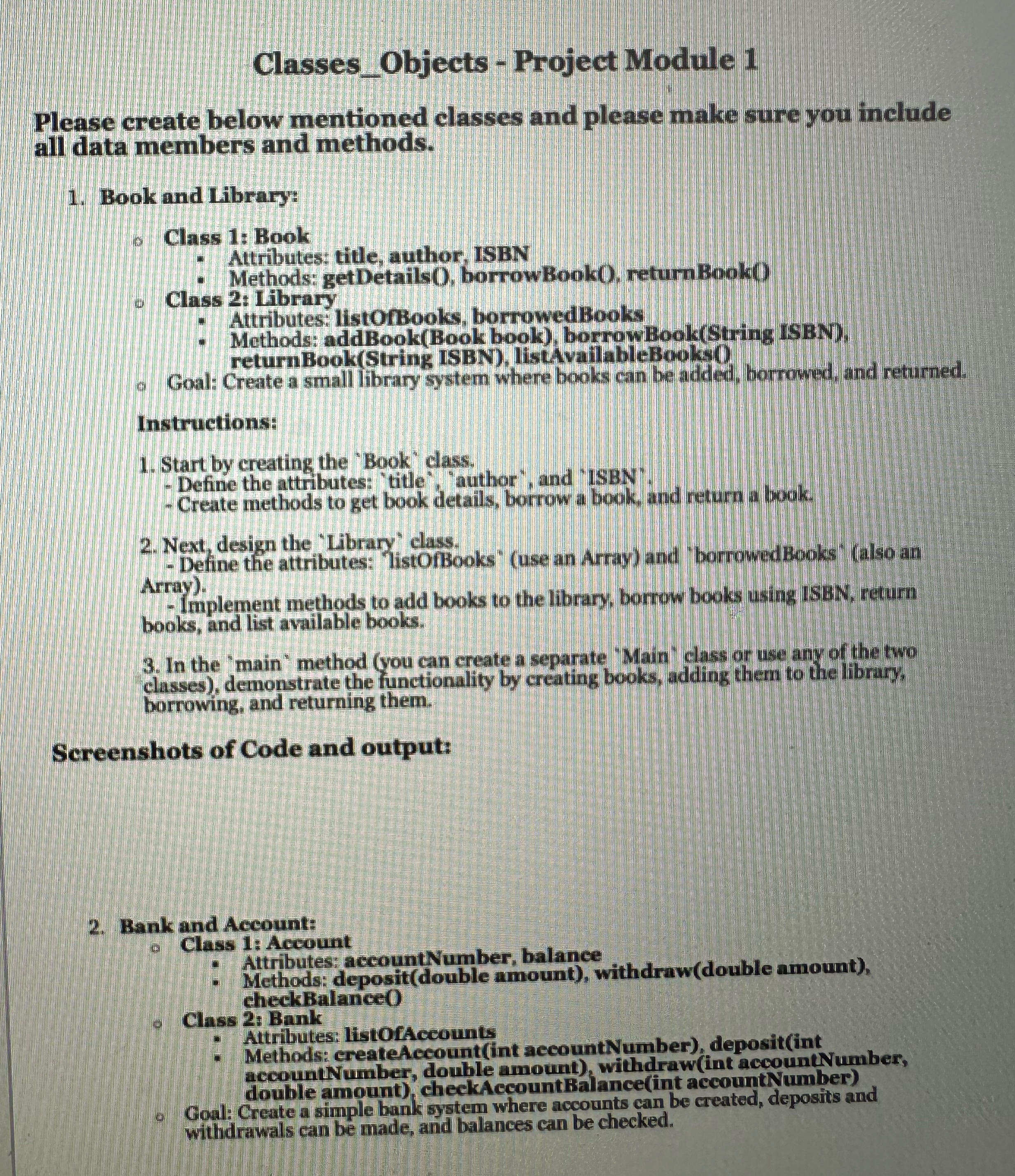  Classes_Objects - Project Module 1 Please create below mentioned classes and