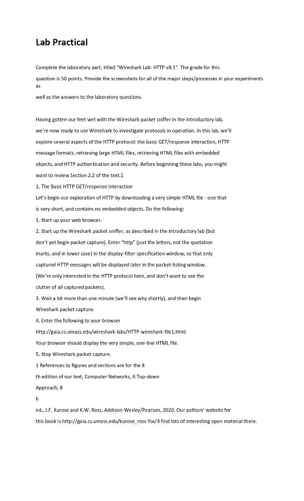 Lab Practical Complete the laboratory part, titled "Wireshark Lab: HTTP v8.1".