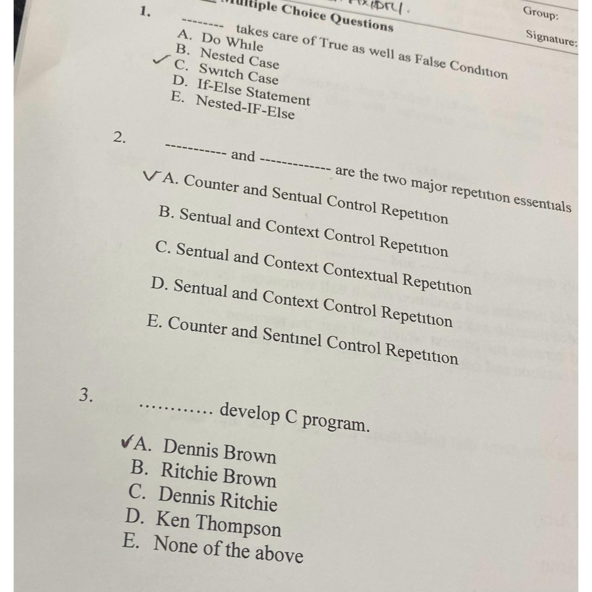  Group: Signature: A. Do wake B. Nested Case C. Switch Case