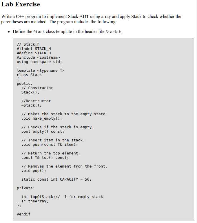  Lab Exercise Write a C++ program to implement Stack ADT using