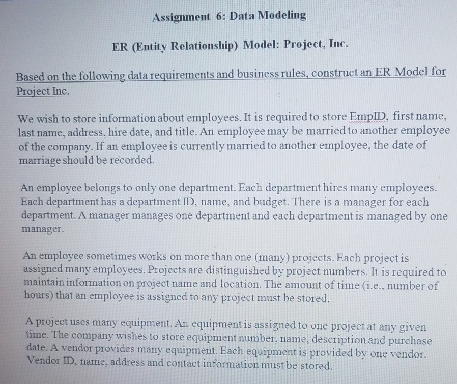 Create an ER model for Project Inc. Assignment 6: Data Modeling ER