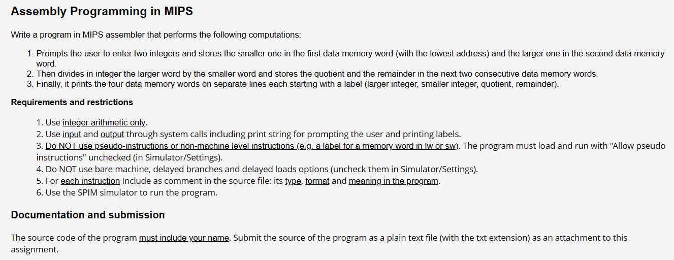  Assembly Programming in MIPS Write a program in MIPS assembler that