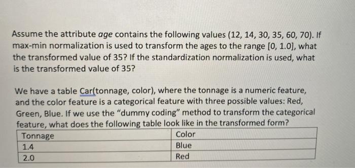 vector data preprocessing Assume the attribute age contains the following values (12,