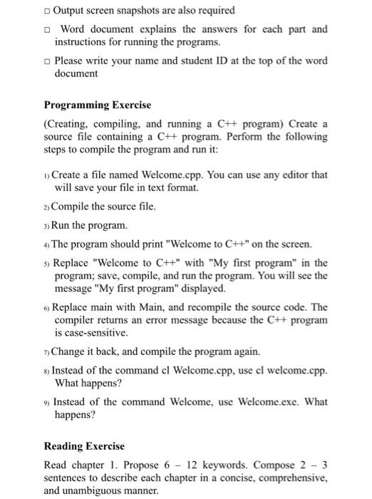 C++. please do it all and the reading exercise. thank you Output