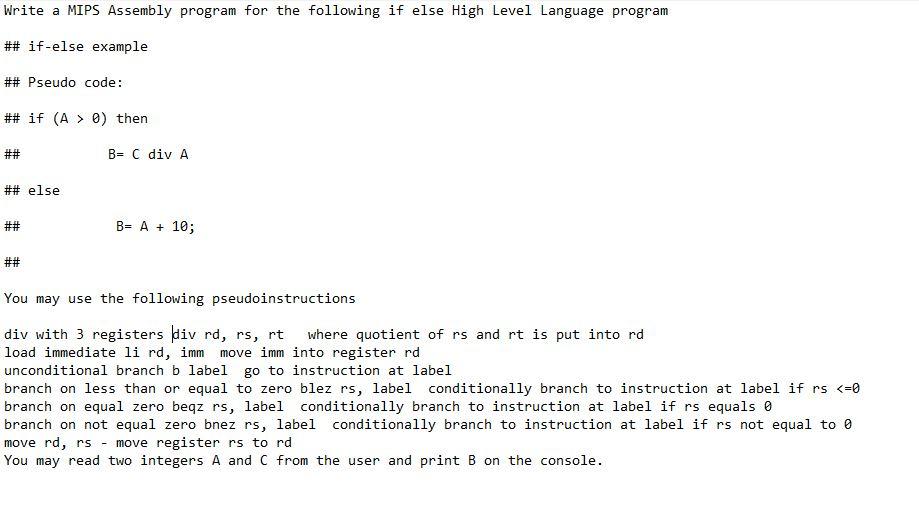  Write a MIPS Assembly program for the following if else High