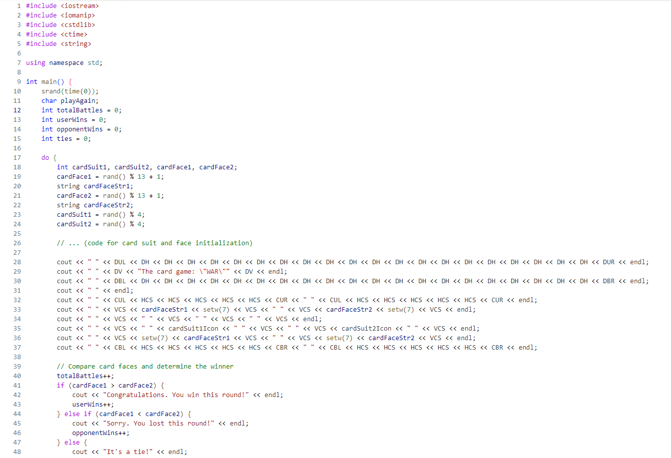 Refactor your war.cpp program by introducing functions to handle different aspects of