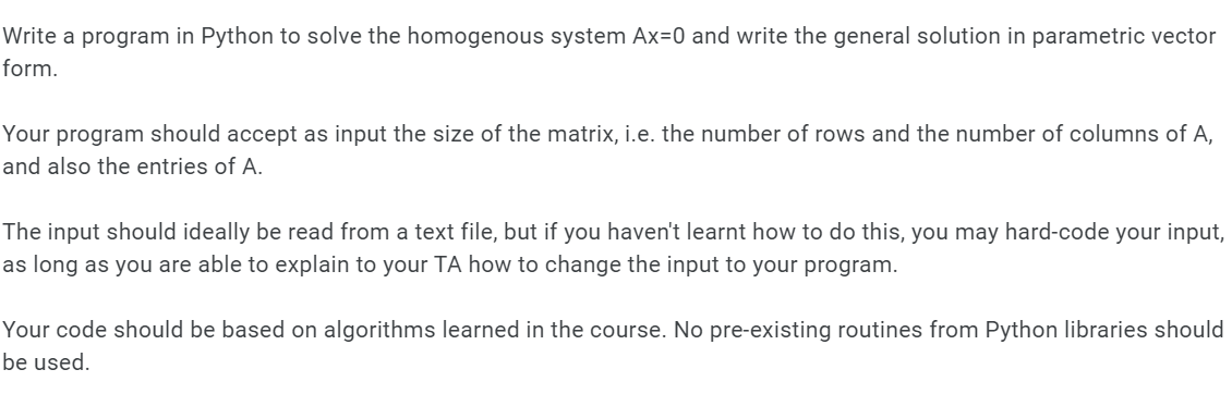  Nrite a program in Python to solve the homogenous system Ax=0