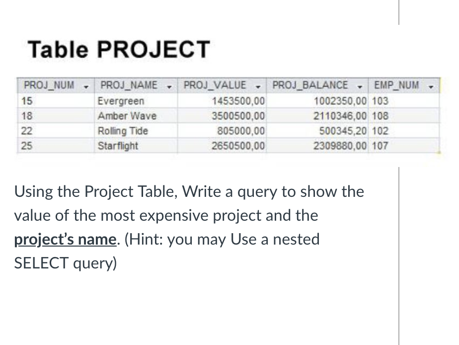 Table PROJECT PROJNUM PROJNAME ? 15 18 PROJ VALUE PROJBALANCE EMP
