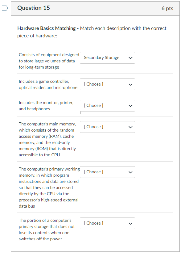Hardware Basics Matching - Match each description with the correct piece