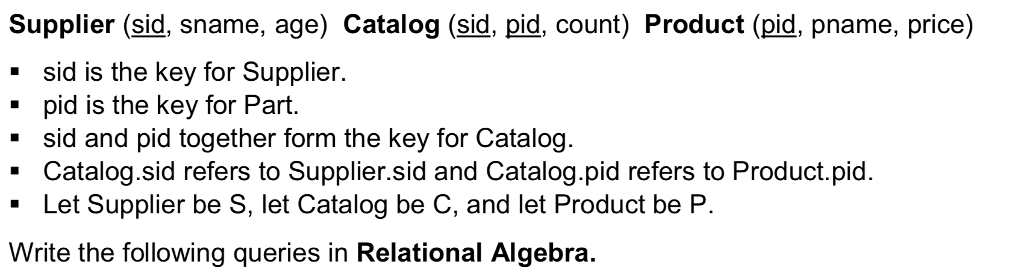  Supplier (sid, sname, age) Catalog (sid, pid, count) Product (pid, pname,