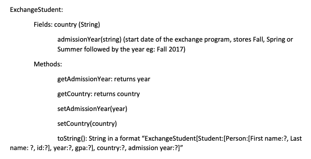 and methods for each class is given below. Person Staff Student Exchange