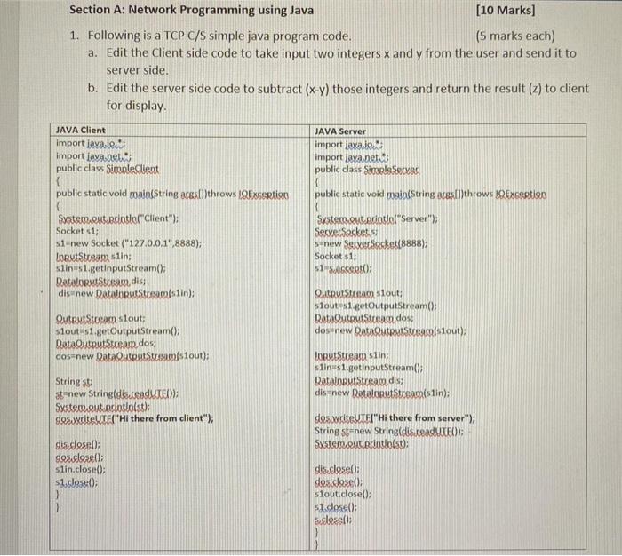  Section A: Network Programming using Java [10 Marks) 1. Following is