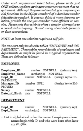  Under each requirement listed below, please write just ONE select, update
