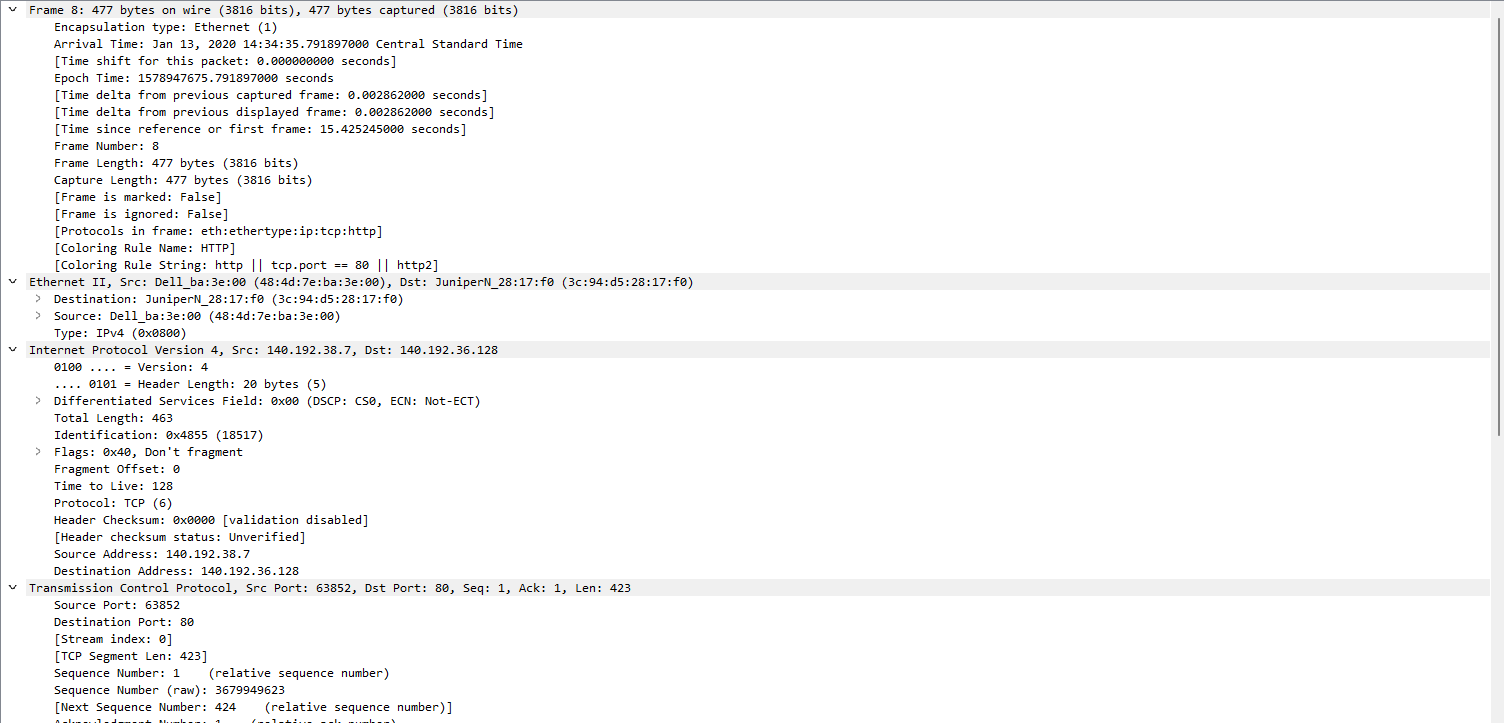 Packet #8, name the protocols used at the Data Link, Network, Transport