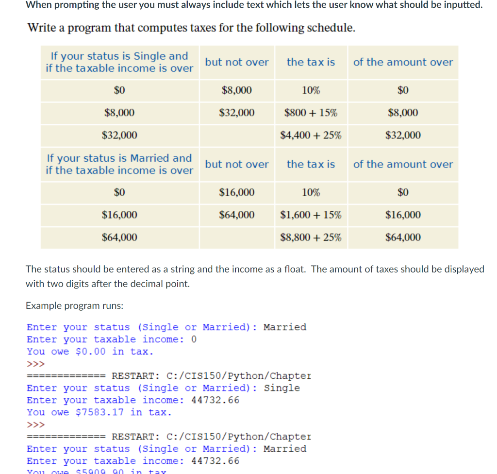 Python: The status should be entered as a string and the income