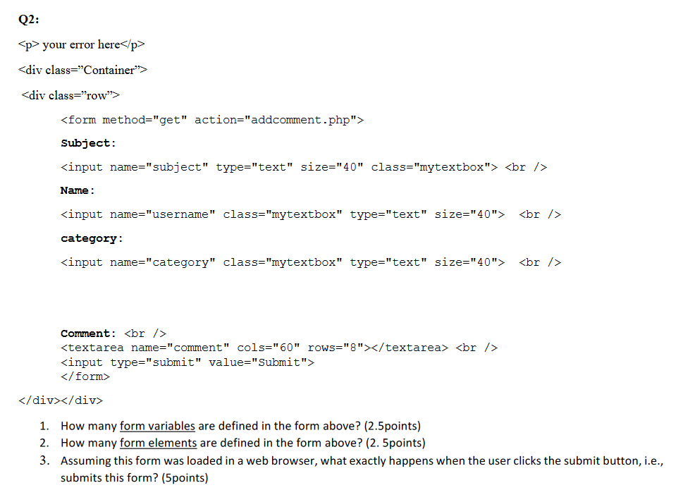 Q2: your error here Subject: Name : category: Comment: 1. How