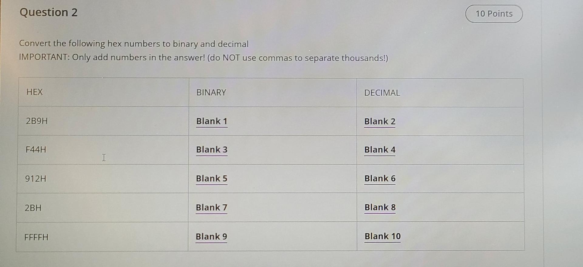  Question 2 Convert the following hex numbers to binary and decimal