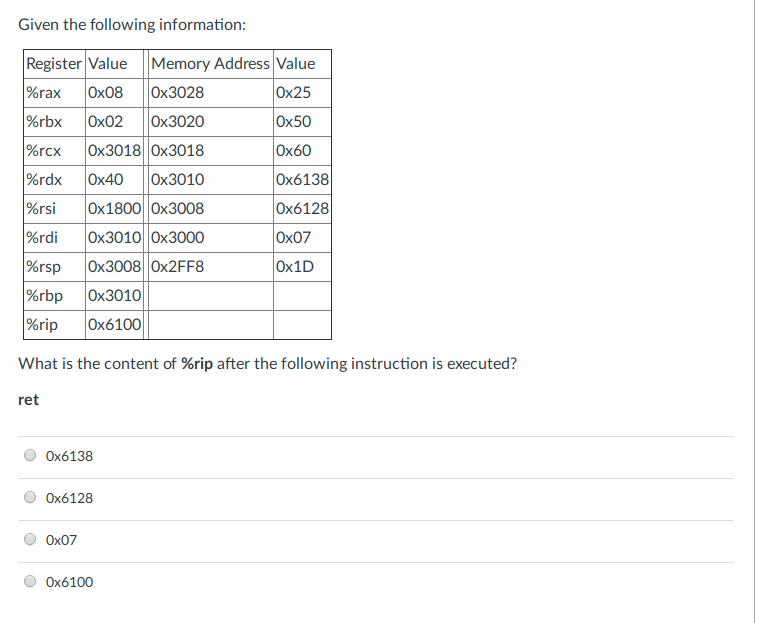  Given the following information Register Value Memory Address Value %rax |0x08