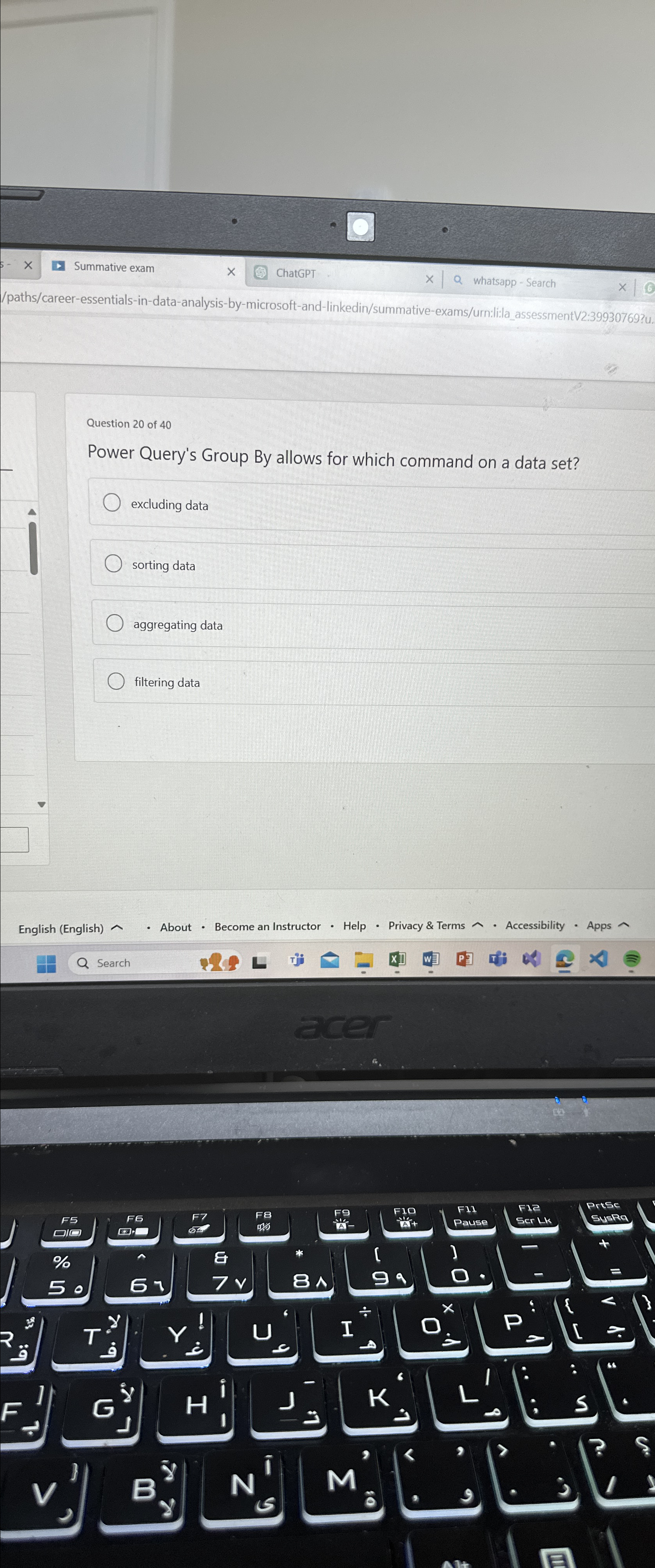 /paths/career-essentials-in-data-analysis-by-microsoft-and-linkedin/summative-exams/urn:li:la_assessmentV2:39930769? Question 20 of 40 Power Query's Group By allows for