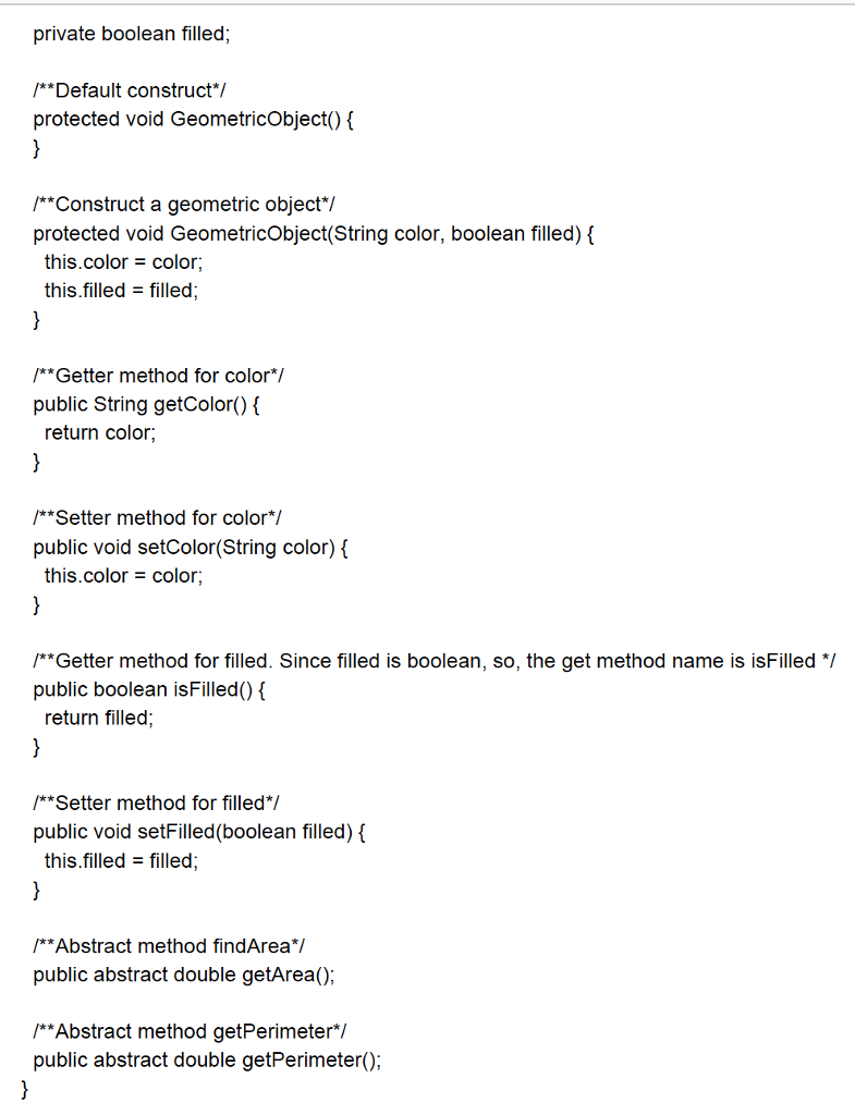 extends the abstract GeometricObject class. Draw the UML diagram for the classes