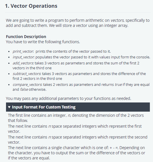  Language is C++ 1. Vector Operations We are going to write