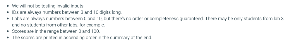 a list of student's IDs, names, labs, and scores. Your task is