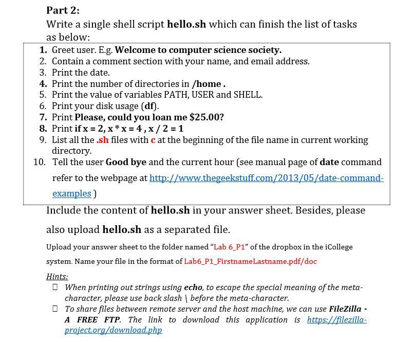  Part 2: Write a single shell script hello.sh which can finish