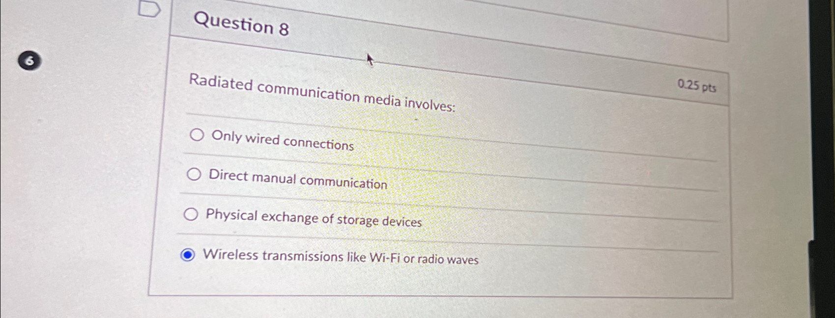  Question 8 6 Radiated communication media involves: 0.25pts Only wired connections