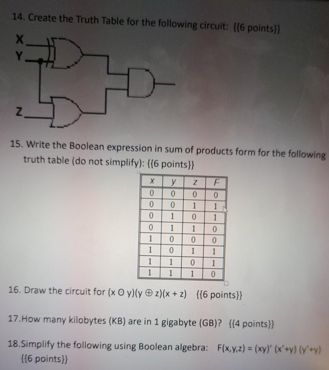 show work please 14. Create the Truth Table for the following