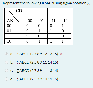  Represent the following KMAP using sigma notation ??. a.??ABCD(2789121315) b.??ABCD(2589111415) c.??ABCD(2789111314)
