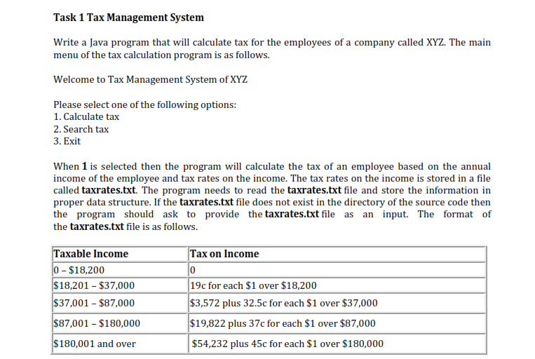 Plz help java program needed ! Thanx Task 1 Tax Management System
