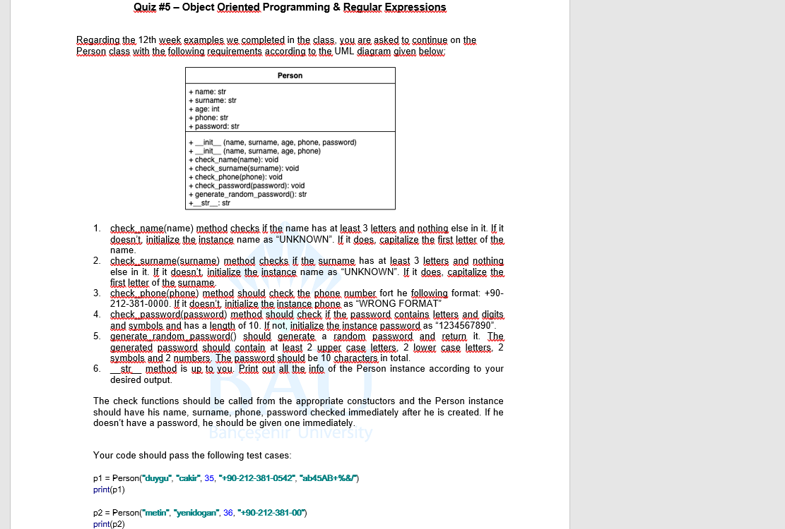  Advanced Programming with Python Quiz #5 - Object Oriented Programming &