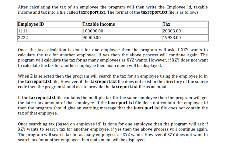 a company called XYZ. The main menu of the tax calculation program