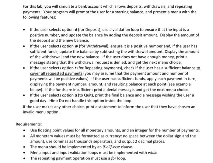 Python Please For this lab, you will simulate a bank account