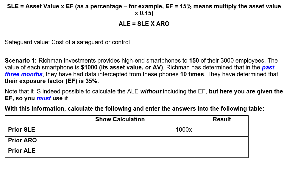 ANSWER ALL SLE = Asset Value x EF (as a percentage for