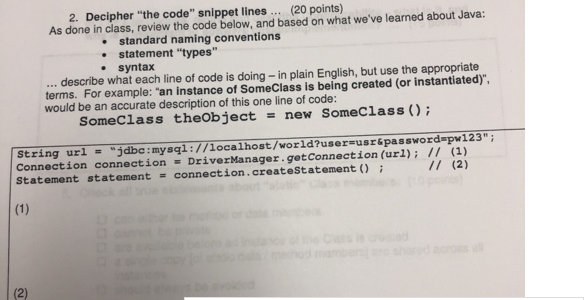  2. Decipher the code" snippet lines ... (20 points) As done