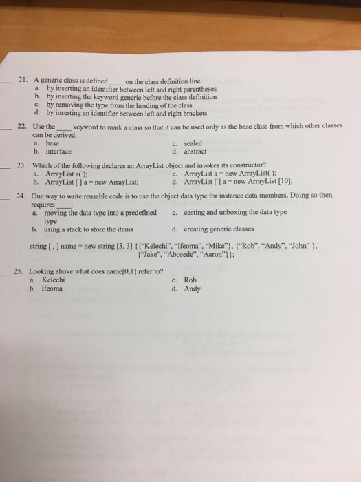  A generic class is defined _____ on the class definition line.