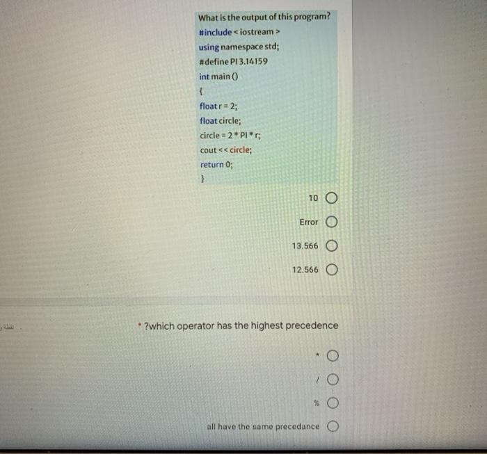 { cout using namespace std; #define PI 3.14159 int main() { floatr