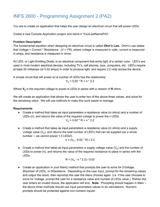  C# LANGUAGE ASSIGNMENT INFS 2600 Programming Assignment 2 (PA2) You are