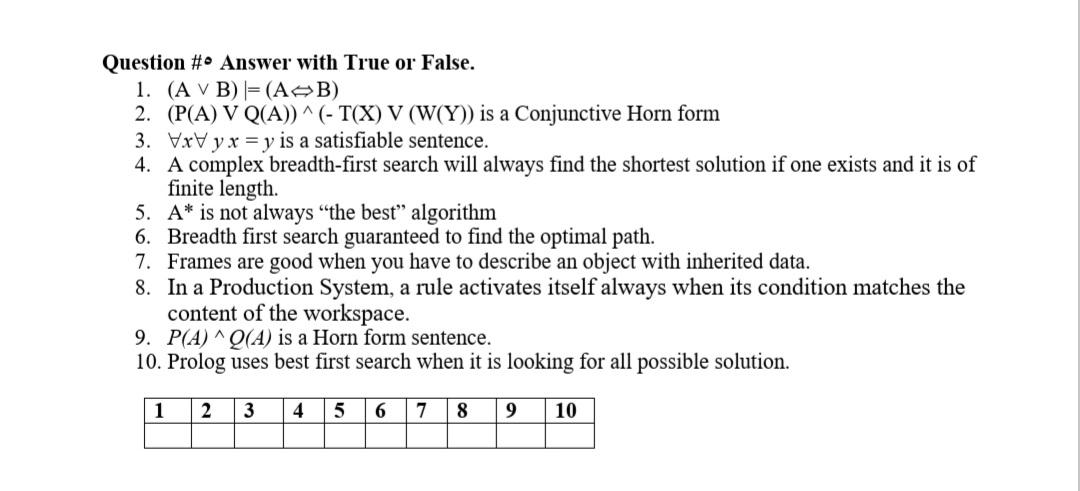  Question # Answer with True or False. 1. (A VB) =(