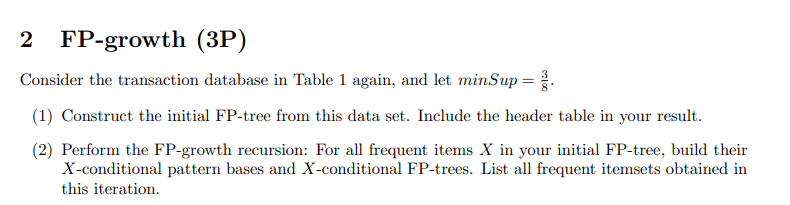  2 FP-growth (3P) Consider the transaction database in Table 1 again,