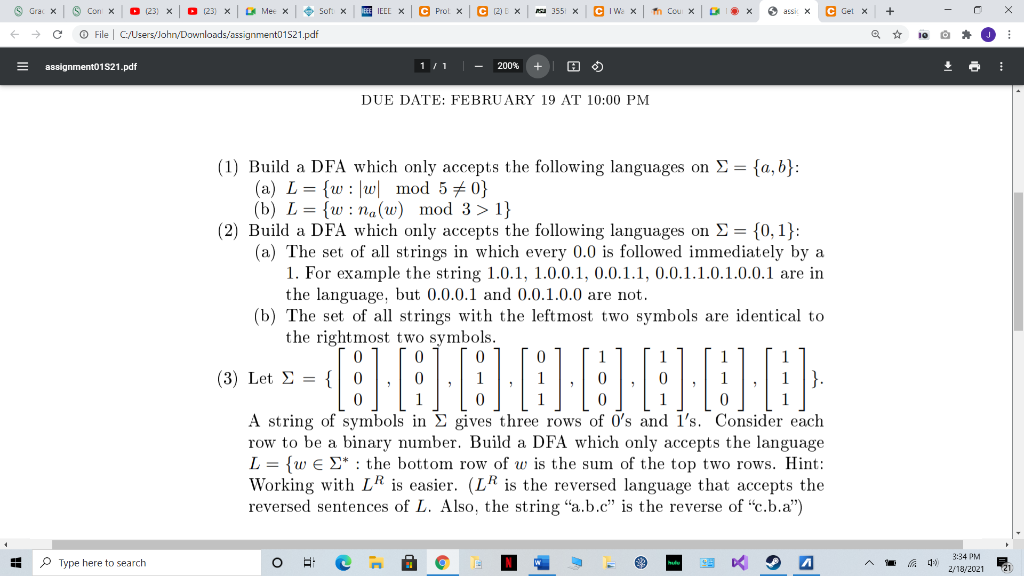 Assignment 1: Build DFAs that accept certain languages and meets certain requirements