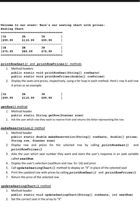 a Java program called SeatReservation which allows a user to reserve seats