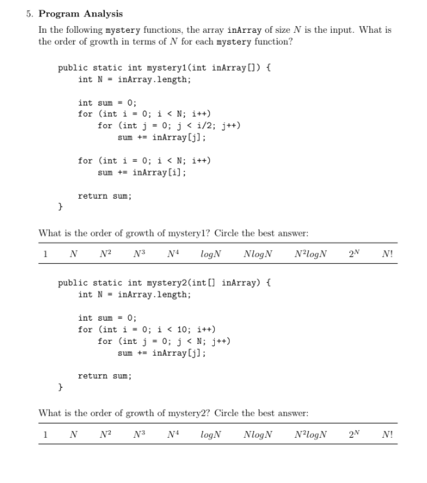  5. Program Analysis In the following mystery functions, the array inArray