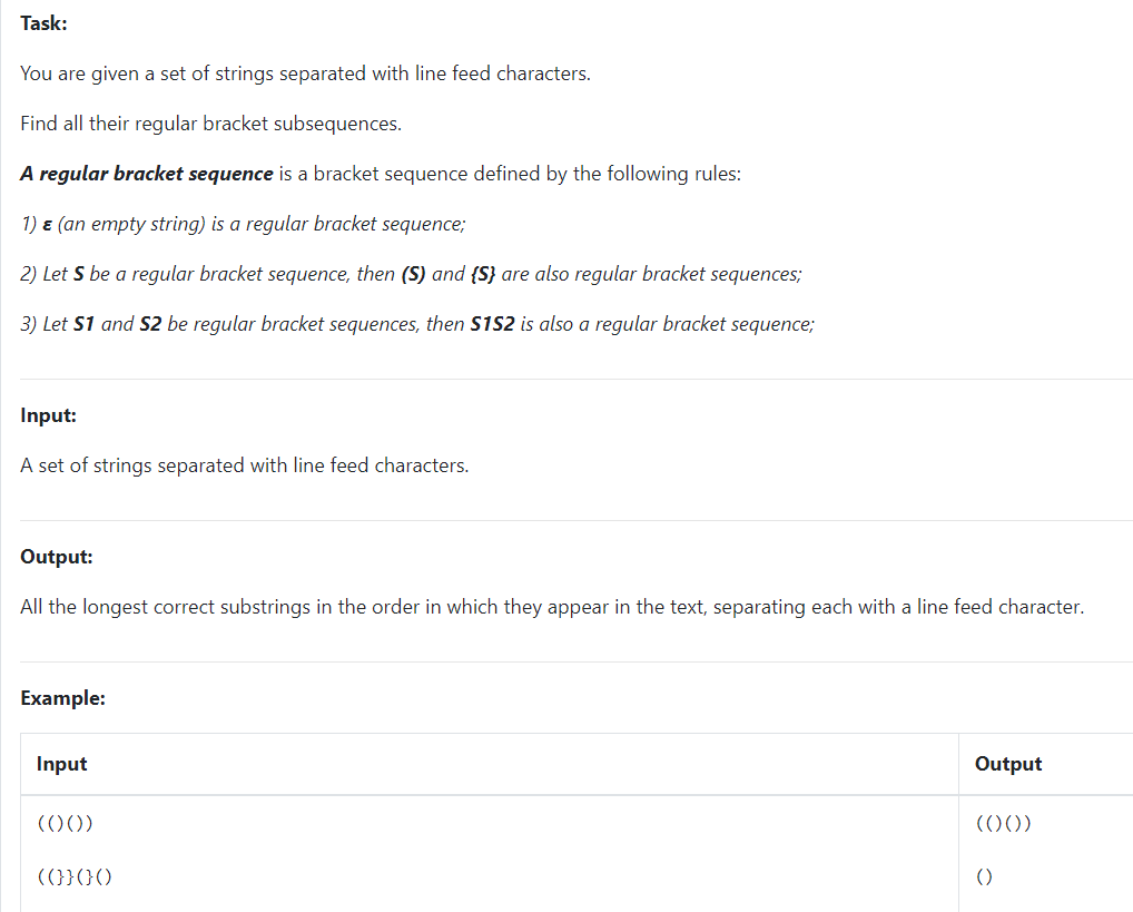  Find regular bracket subsequences Cost: 5| Solved: 0 Memory limit: 256