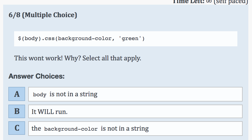  lime LlE Selr paced 6/8 (Multiple Choice) $ (body).css (background-color, 'green"