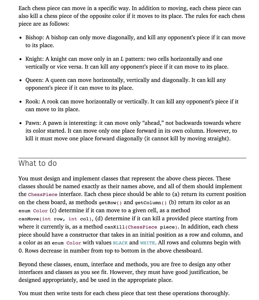 Chess Pieces using JAVA Each chess piece can move in a specific