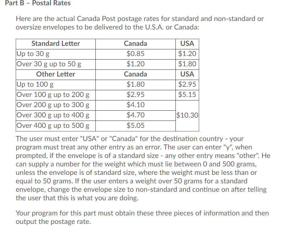 Python Program Part B - Postal Rates Here are the actual Canada