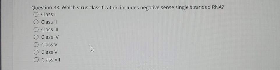  Question 33. Which virus classification includes negative sense single stranded RNA?